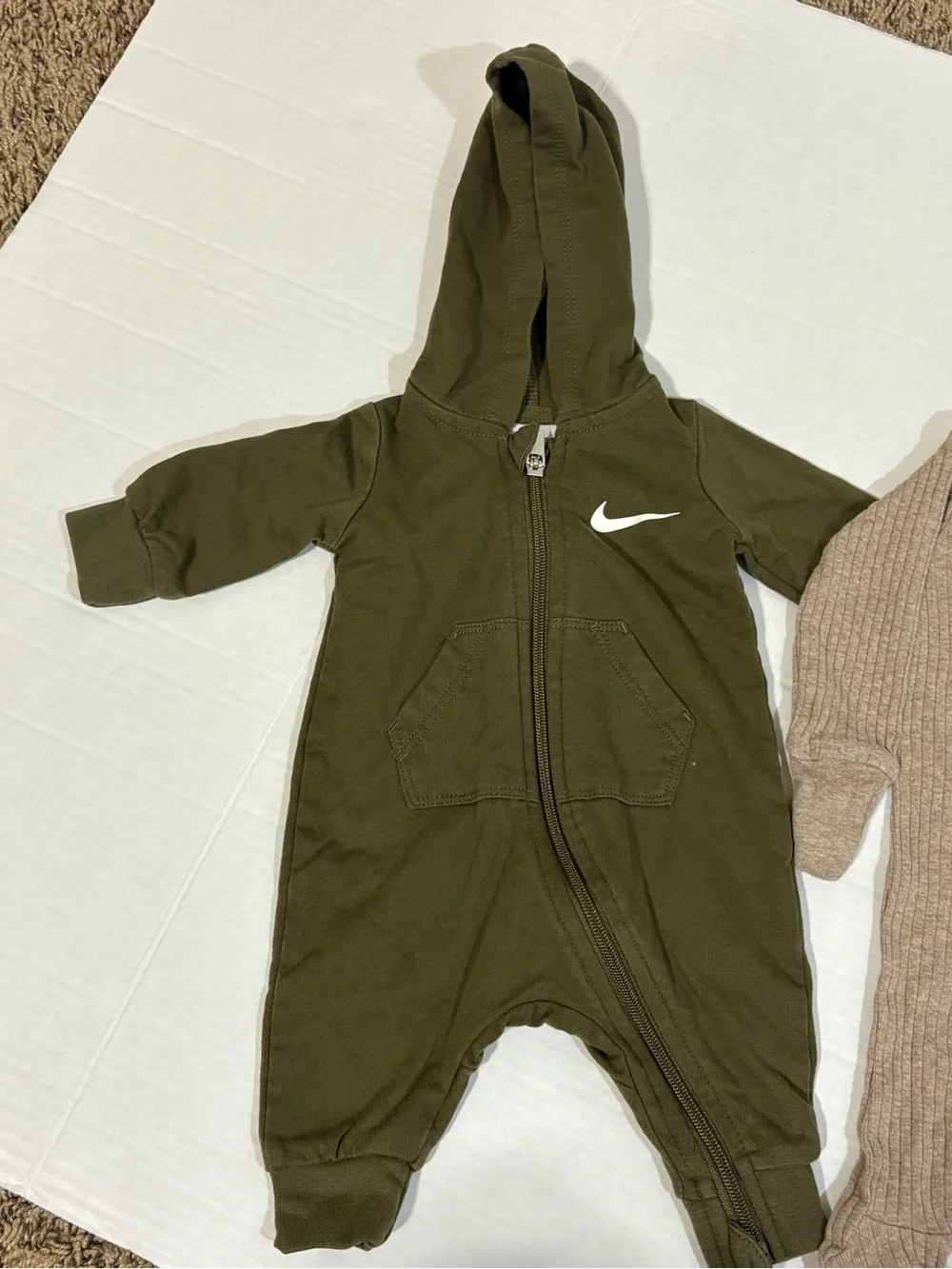 Nike Olive Hooded Baby One-Piece with White Swoosh